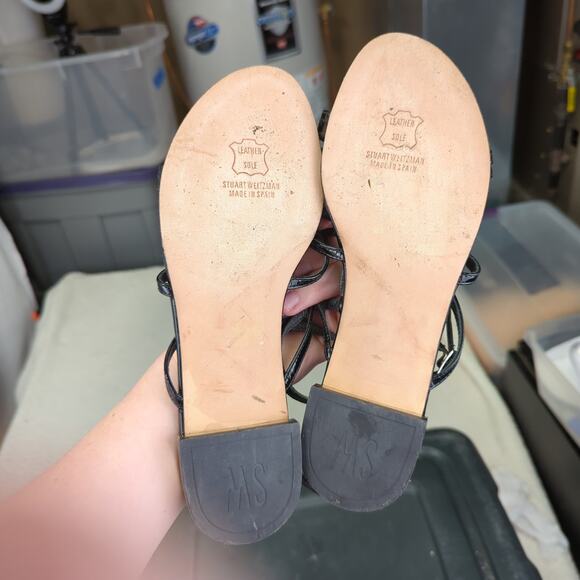 Stuart Weitzman Gladiator Strap Sandals Black Leather Silver Chain Women's 8 - Picture 6 of 7